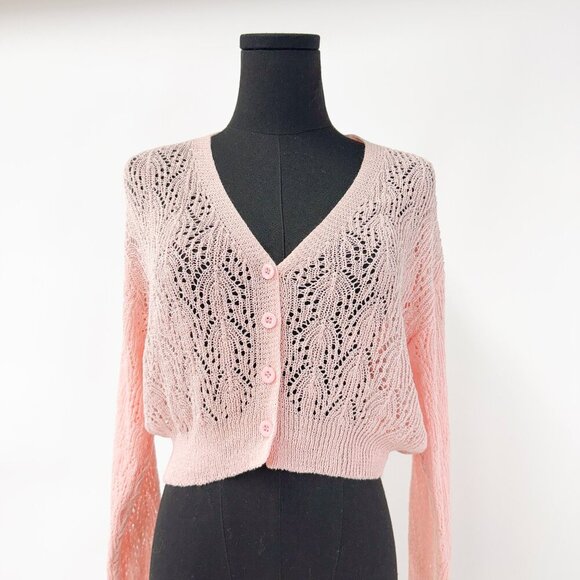 VINTAGE STYLE BABY PINK BUTTON UP CROPPED SEWATER LACE SHEETR COTTON - Picture 2 of 9